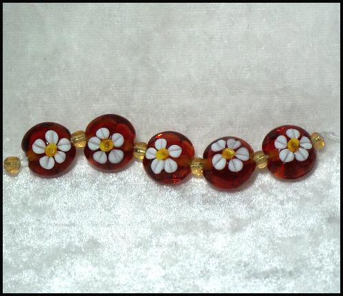 (image for) Dark Amber and White Floral Lentil Set- Handmade Beads