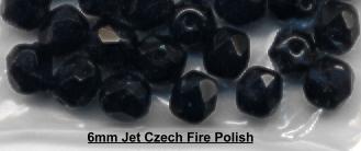 (image for) 6mm Jet Black Onyx Black Czech Firepolish Glass Beads 