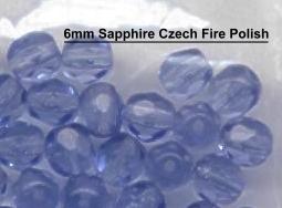 (image for) 6mm Sapphire Blue Czech Firepolish Glass Beads 