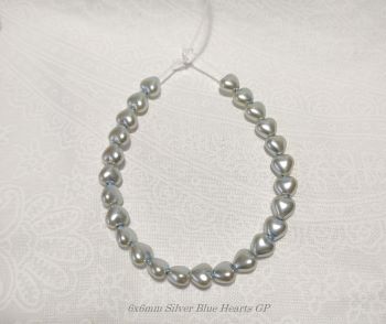 (image for) 6x6mm Silver Blue Glass Pearl Heart Beads